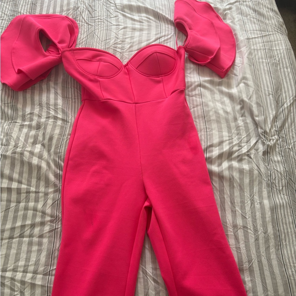 Fashion Bug Pink Full Jumpsuit with Puff Sleeves.